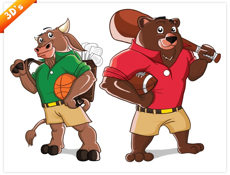 Wall Street Bull & Bear cartoon figures playing Sports | Logo design