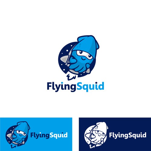 Logo of a squid wearing a jetpack for product named FlyingSquid Design by jasterxinan