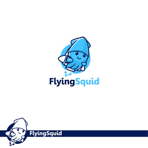 Logo of a squid wearing a jetpack for product named FlyingSquid Design by jasterxinan