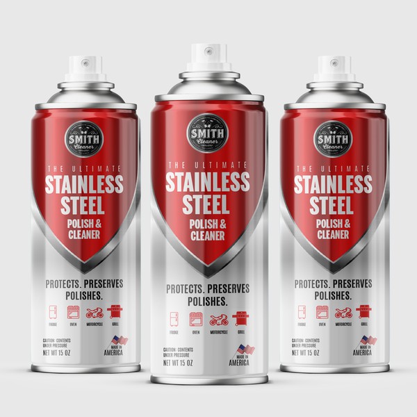 Aerosol can label for a stainless steel polish and cleaner