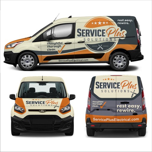 Thoughtful. Thorough. Clean. Service Plus Electrical van design Design by e^design