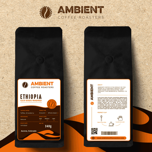 Develop front and back labels for Ambient Coffee Roasters coffee bag Réalisé par Fabigulupa