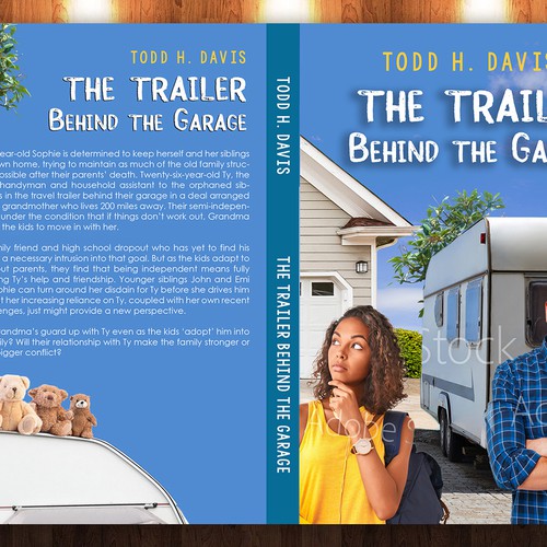 Young White man and Black female teenager in front of a travel trailer on book cover Design by thekidgraphic