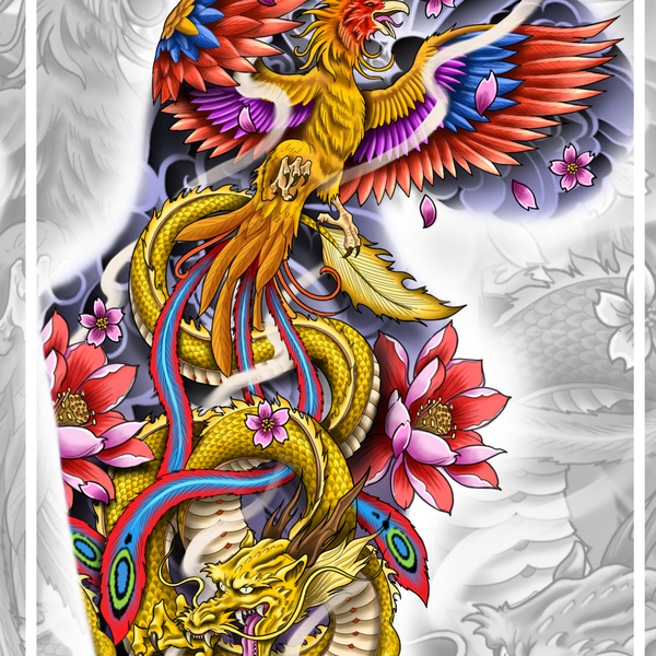 Tattoo design: full color japanese style sleeve of phoenix and dragon |  Tattoo contest | 99designs