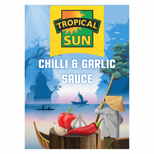 Tropical Sun Chilli & Garlic Sauce Label Digital Painting Ontwerp door azabumlirhaz