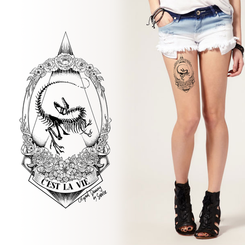 Design a striking & feminine tattoo with a velociraptor fossil & flowers |  Tattoo contest | 99designs