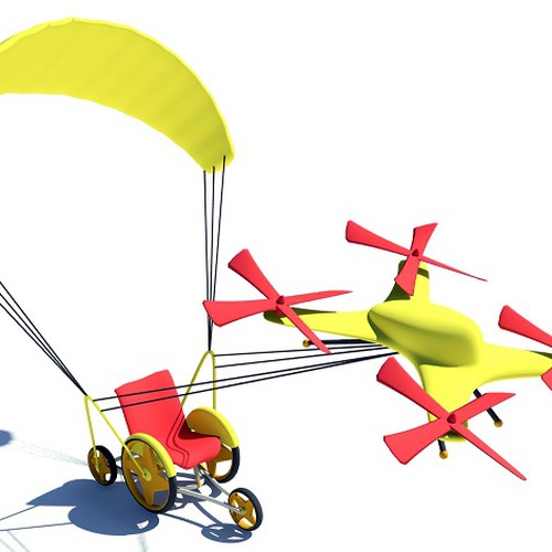 Make a printable 3d model of a paragliding wheelchair being pulled by quadcopters. Design by ututkusumadhata