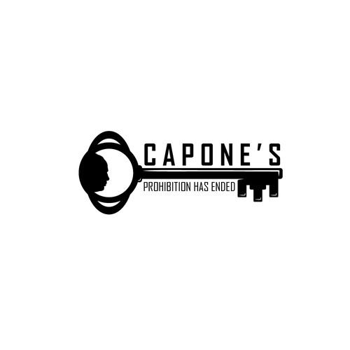 Design a prohibition style logo with a old key and al Capone face ( side view ) black and white Design by BRANDITU