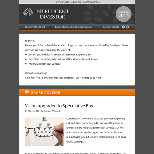 Create a weekly email newsletter template for Intelligent Investor Design by MaximaDesign