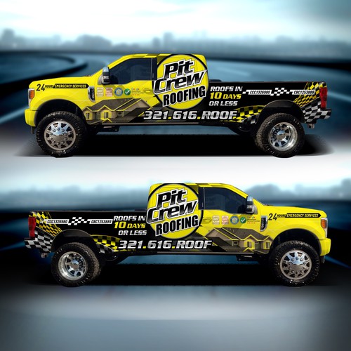 Vehicle Wrap Modification for a race car themed roofing company Design by MasterWraps™