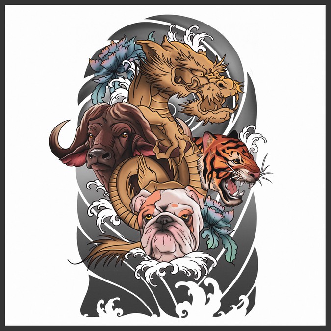 Artwork needed for an epic tattoo. Cool project with four animals