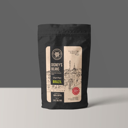 Diseño de Disney's Beans First custom ground coffee product label de nuke.art