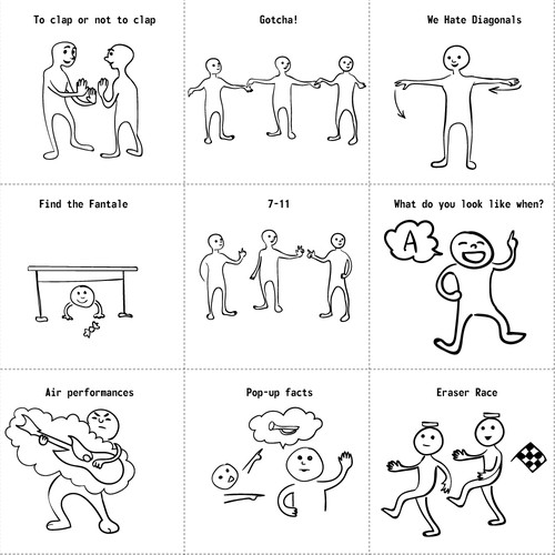 Draw 24 simple line drawings to illustrate a book of classroom games ...