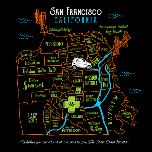 Create a vibrant San Francisco map-themed t-shirt for The Green Cross! Design by xzequteworx