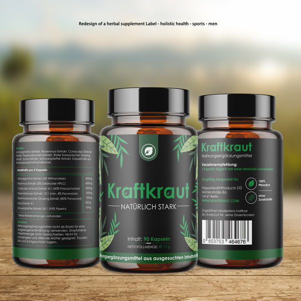 Design by Justdesign® titled "Redesign of a herbal supplement Label - holistic health - sports - men"