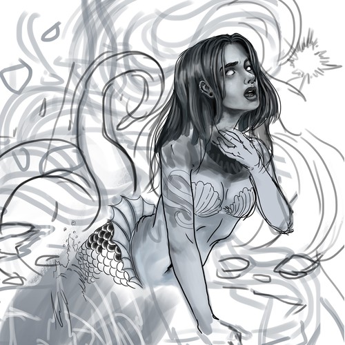 Design a realism tattoo featuring a dark version of the Little Mermaid Design by suputra