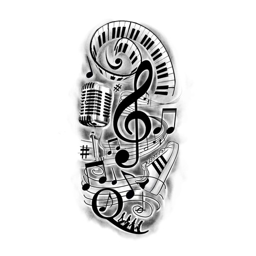 Arm tattoo - music themed: piano keys / treble clef / microphone / etc |  Tattoo contest | 99designs