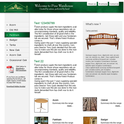 Design of website front page for a furniture website. Design by Studio 13