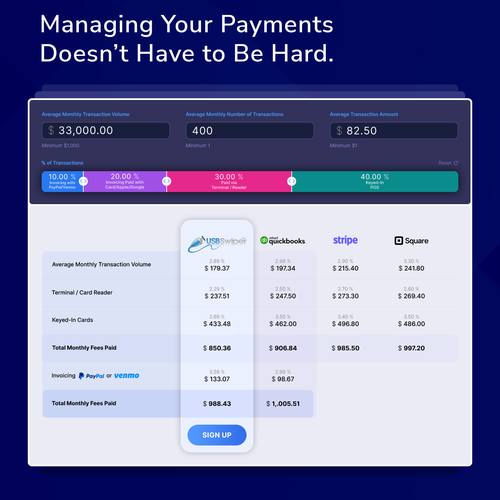 Design a landing page for a credit card processing comparison calculator. Design by Nash Radak
