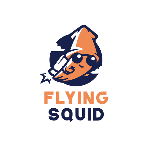 Logo of a squid wearing a jetpack for product named FlyingSquid Design by Rock N Draw