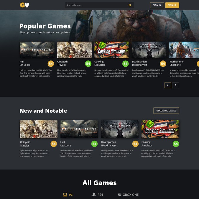 Design the landing page of a video game review website Landing page