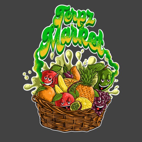 Design a fruit basket logo with faces on high terpene fruits for a cannabis company. Design von middleeye666
