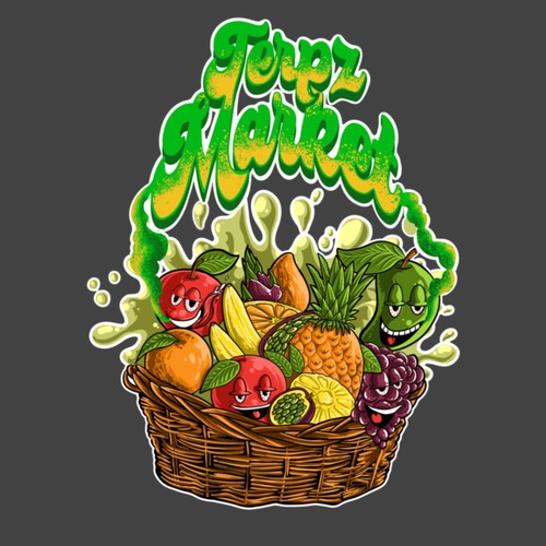 Design a fruit basket logo with faces on high terpene fruits for a cannabis company. Diseño de middleeye666