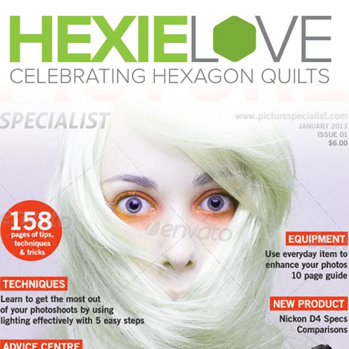 Create a hexagon inspired magazine logo for the quilt magazine, Hexie Love. Design by ArtSpark
