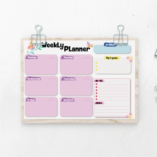 Design a weekly planner template with graphical elements. Design by K.N.B.N Designs