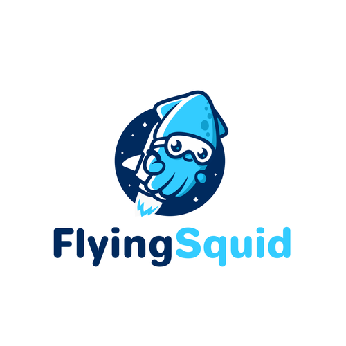 Logo of a squid wearing a jetpack for product named FlyingSquid Design by PatricioDesigns