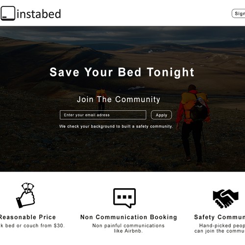 Landing page for simple, on-demand bed booking app Design by 1987