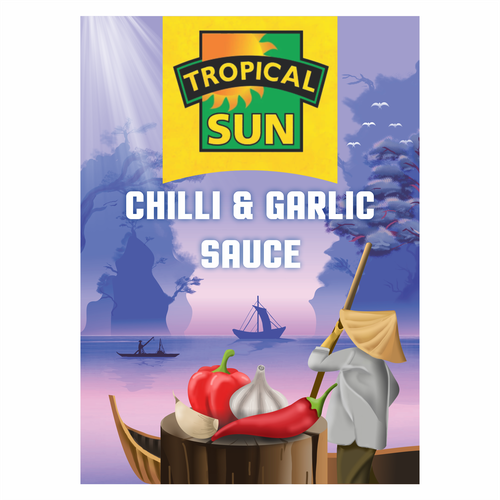 Tropical Sun Chilli & Garlic Sauce Label Digital Painting Design by azabumlirhaz