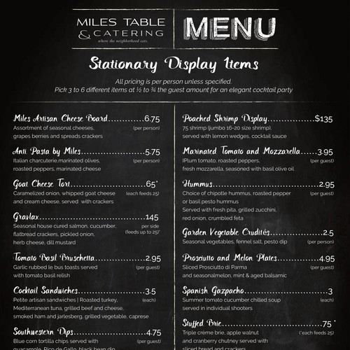 Design by Jenkate titled "Create Catering Menus for Miles Table & Catering"