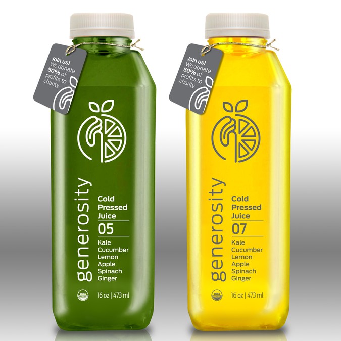 Create a label for a cold pressed juice company that gives half of ...