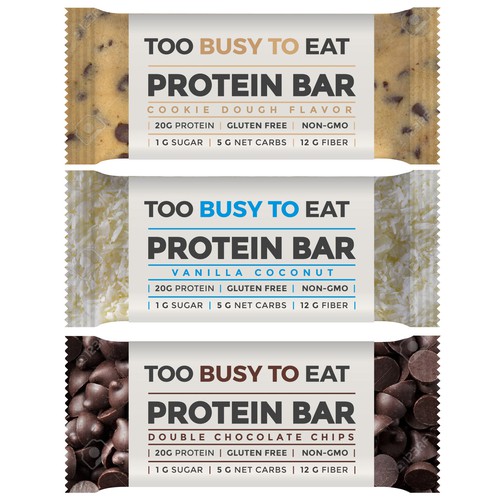 Design a unique protein bar wrapper for Too Busy To Eat Design réalisé par ve_sta