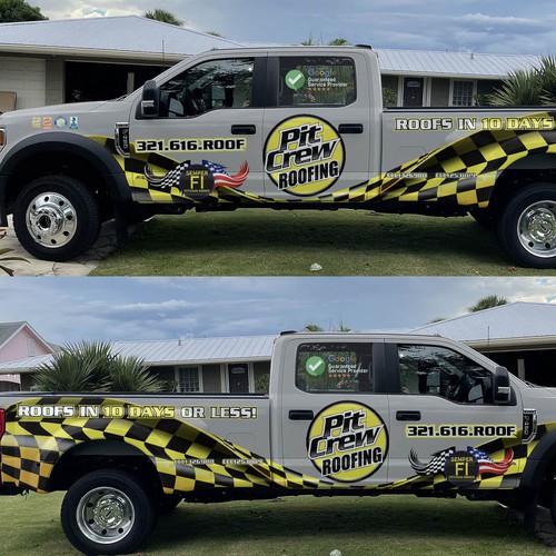 Vehicle Wrap Modification for a race car themed roofing company Design by theANUNGs