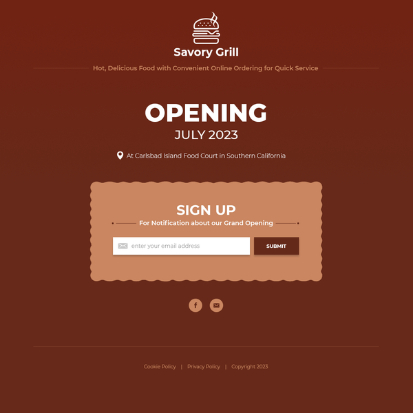Coming Soon Landing Page for SoCal Outdoor Burger Restaurant