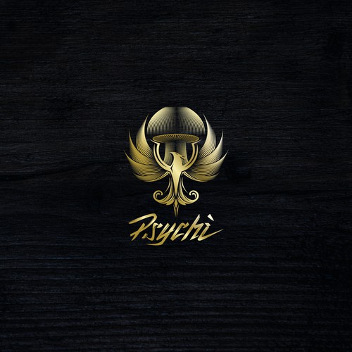 Psychi - a golden Phoenix and wild psilocybin mushrooms Design by salmArt26