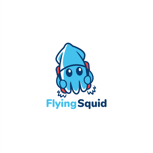 Logo of a squid wearing a jetpack for product named FlyingSquid Design by Halin