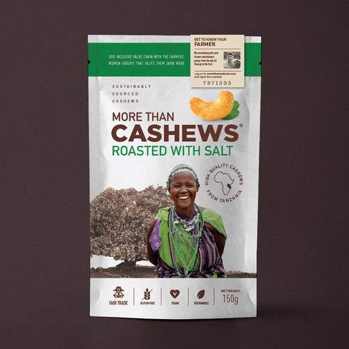 Create a beautiful stand up pouch for Sustainable, Single Origin Cashew Nuts Design by Pepper Pack Design