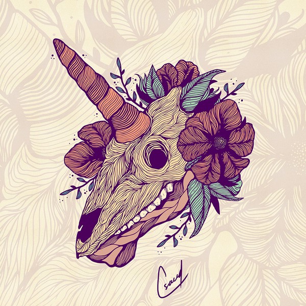 floral unicorn skull illustration