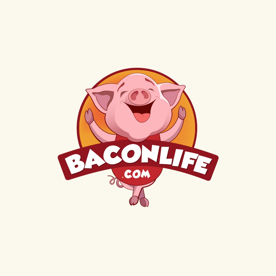 Bacon logo with the title 'Cartoony pig character for bacon preparing business.'