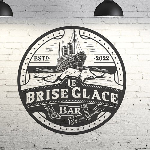 Board game bar logo with tavern design, inspired by vintage ice breaker boat atmosphere - official name is "Le Brise-gla Ontwerp door torodes77