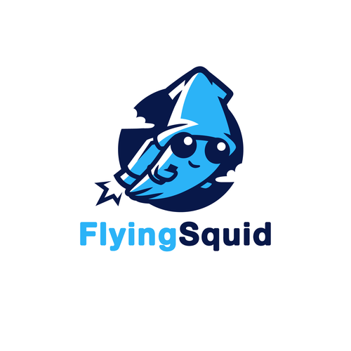 Logo of a squid wearing a jetpack for product named FlyingSquid Design by Rock N Draw