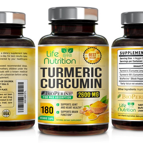 Life Nutrition needs a "beautiful label" for its Turmeric Extract bottle -  (Two (2) Winners will be awarded! ) Design by 18-Designs