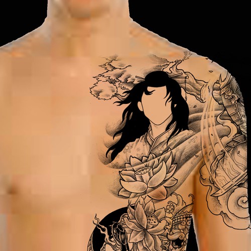 asiatisches S/W-Tattoo /  black&white tattoo asian style Design by INKSPITJUNKIE