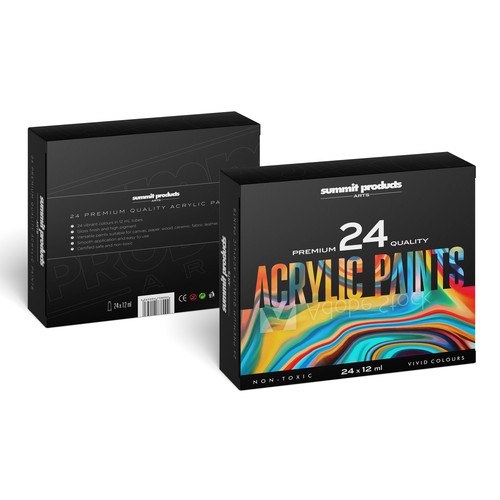 We need a vibrant packaging design for a premium quality acrylic paint set Design by Bognar Graphics