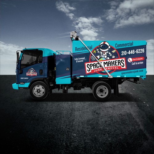 Fun and Catchy Junk Removal Service Truck Wrap - Space Theme Design by DuhaCreative