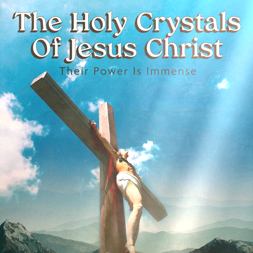 Jesus on the cross with his blood transforming crystals beneath the cross. Design by Krestan Kühnen