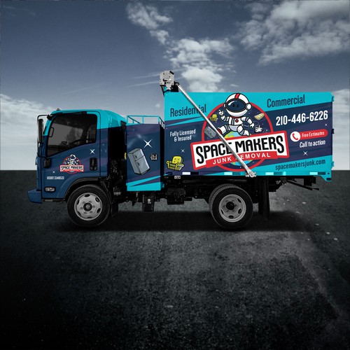 Fun and Catchy Junk Removal Service Truck Wrap - Space Theme Design by DuhaCreative